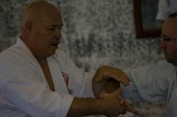 Two men shaking hands, one wearing a white gi uniform and the other in a light blue shirt, in a martial arts training or demonstration setting.