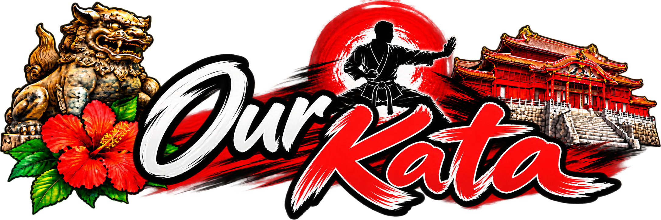 Colorful graphic with a Japanese theme, featuring a traditional lion statue, red hibiscus flowers, a silhouette of a martial artist in front of a red sun, and a traditional Japanese building. The text says "Our Katas" in bold, stylized font.
