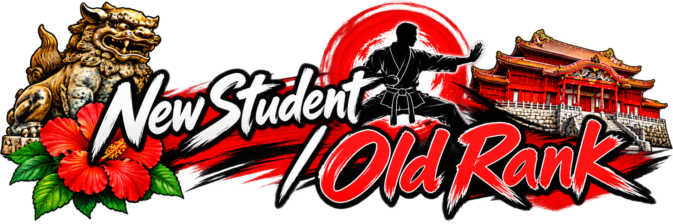 Graphic design featuring a lion statue, red hibiscus flowers, a martial arts practitioner in a fighting stance, and traditional Japanese architecture with the text 'New Student Yokohama' in bold stylized fonts.