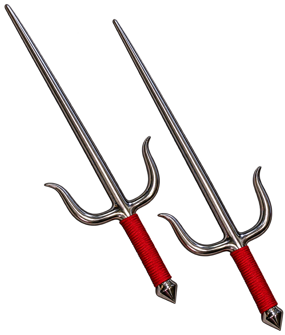 Two metal tridents with red wrapped handles
