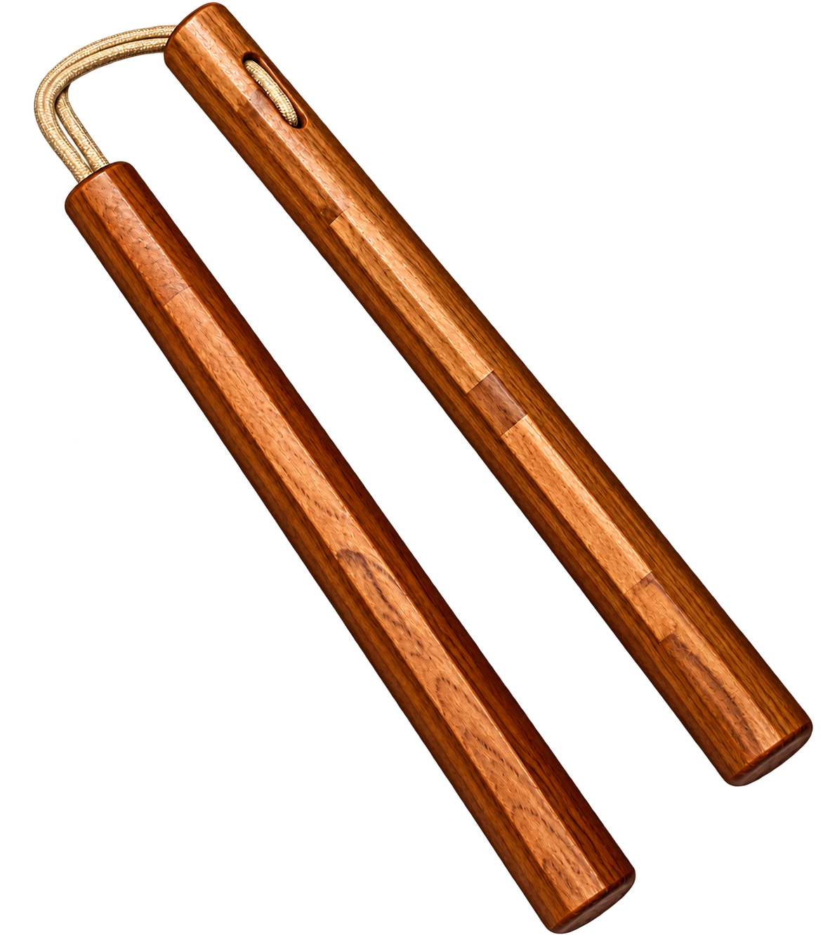A close-up of wooden tongs with metal handles on a red background.