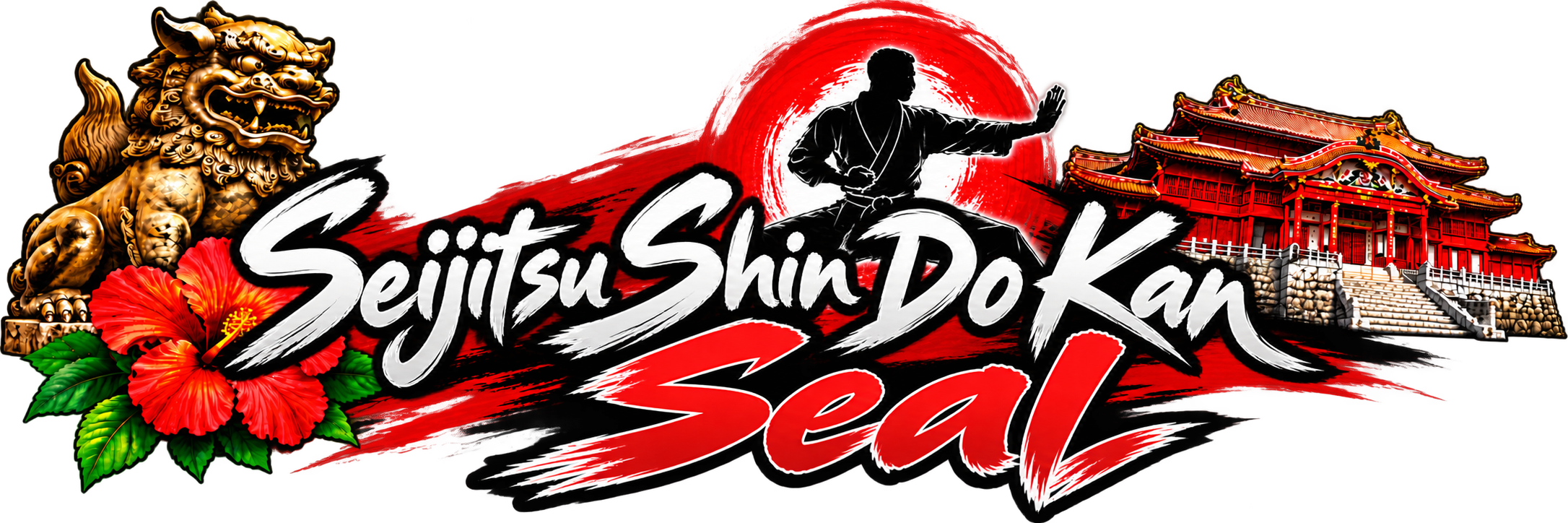 A logo for the Seijitsu Shin Do Kan martial arts school featuring a lion statue, red hibiscus flower, a silhouette of a martial artist performing a kick, traditional Japanese temple, and the text 'Seijitsu Shin Do Kan' and 'Seal' on a red and black background.