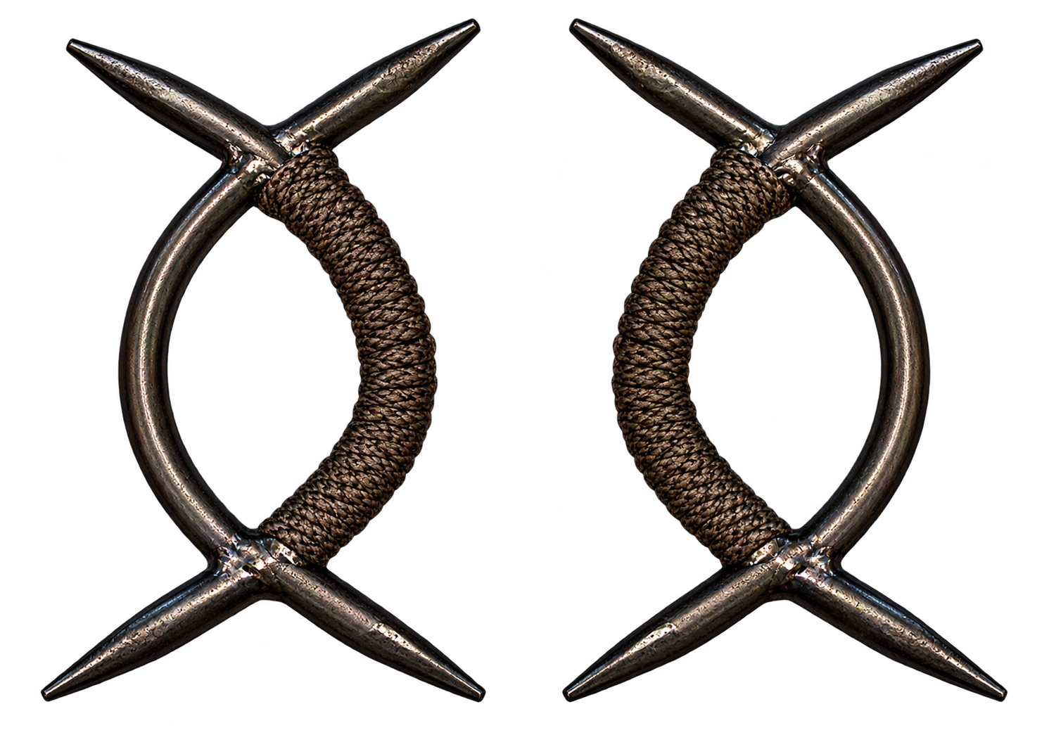 Pair of medieval spiked metal handcuffs with woven leather straps.