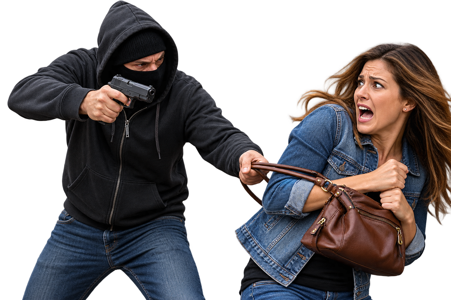 A masked man in dark hoodie and jeans threatening a woman with a gun, while she looks scared and is clutching her purse tightly.