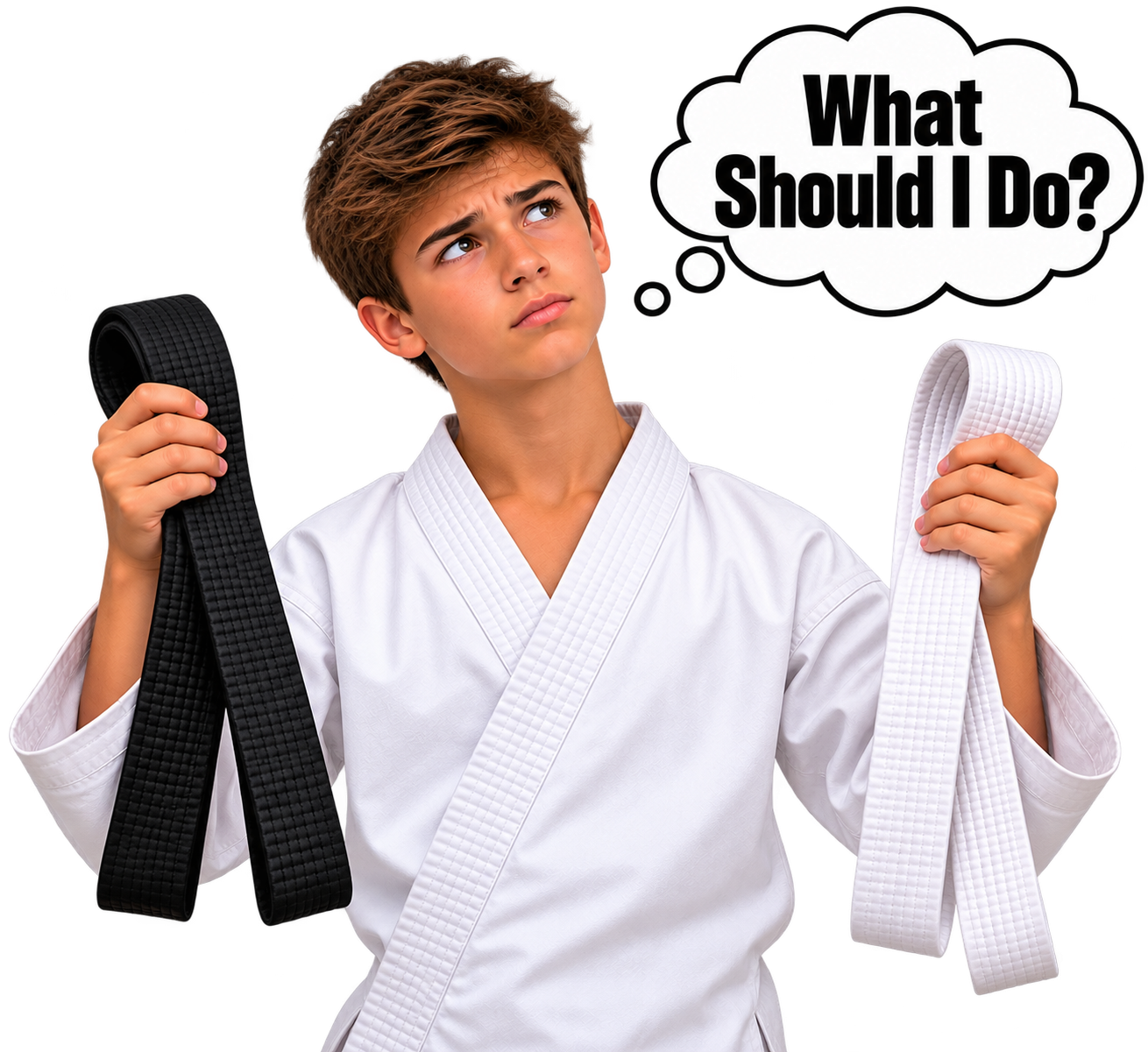 Young male martial artist in a white gi holding black and white belts with a puzzled expression, with a thought bubble saying 'What Should I Do?'