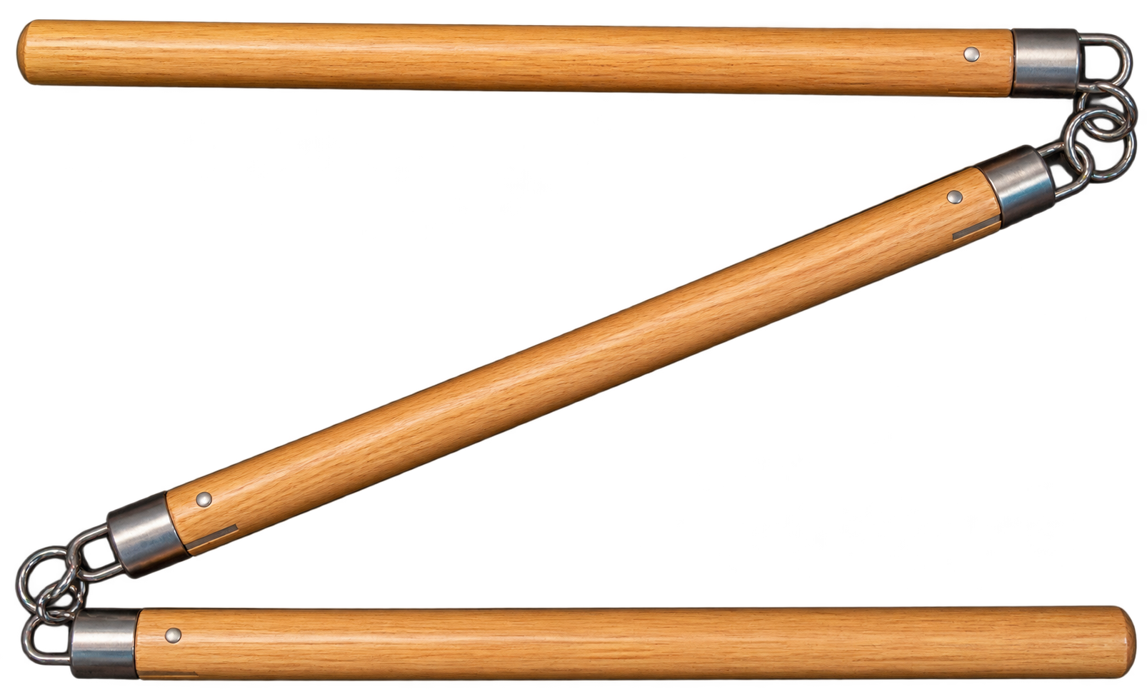 A pair of nunchucks with wooden handles and metal chains.