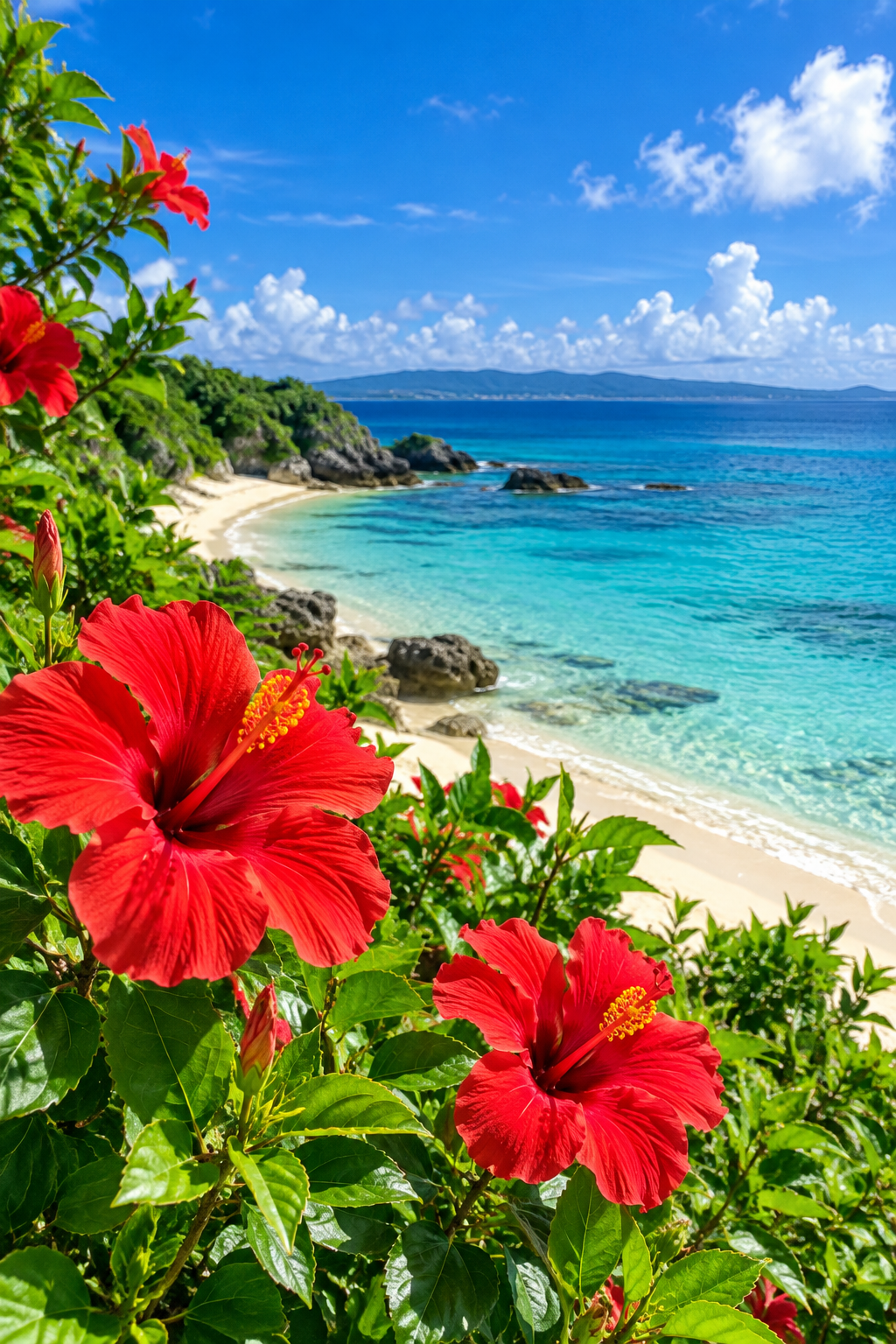 Red hibiscus flowers with green leaves in the foreground, a sandy beach, rocky shoreline, turquoise water, blue sky with scattered clouds, and distant mountains in the background.