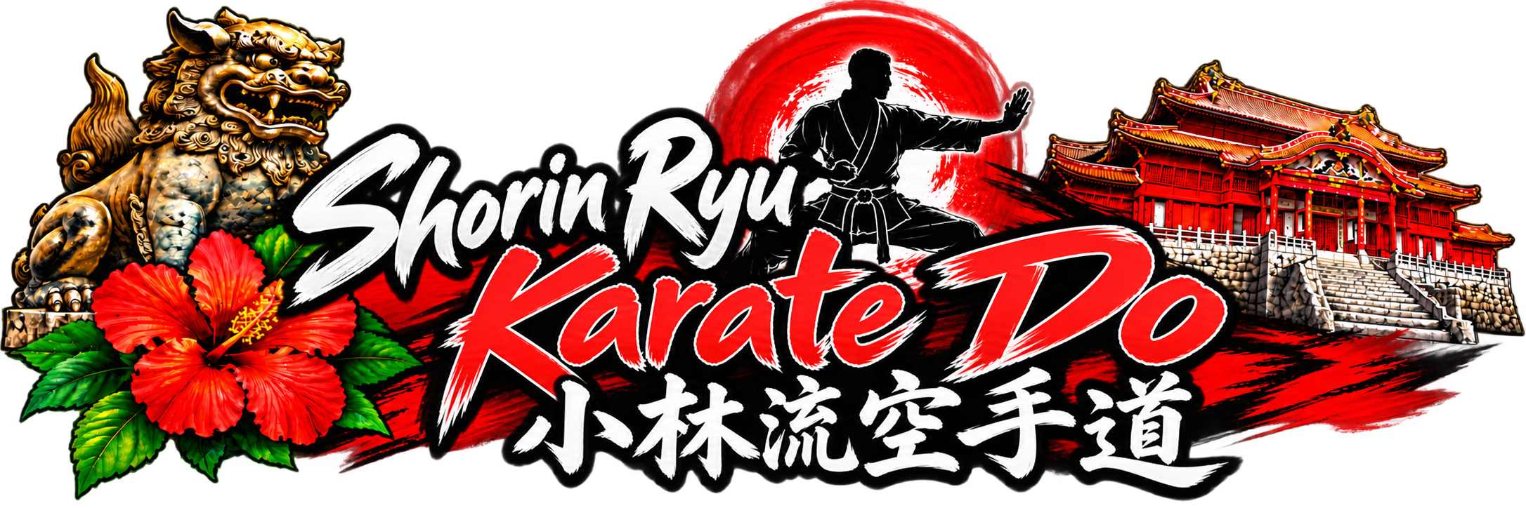 A logo for Shorin Ryu Karate Do featuring a large golden lion statue, a red hibiscus flower, a silhouette of a martial artist practicing a move against a red sun, and traditional Chinese-style buildings, with the text 'Shorin Ryu Karate Do' in bold, stylized font.