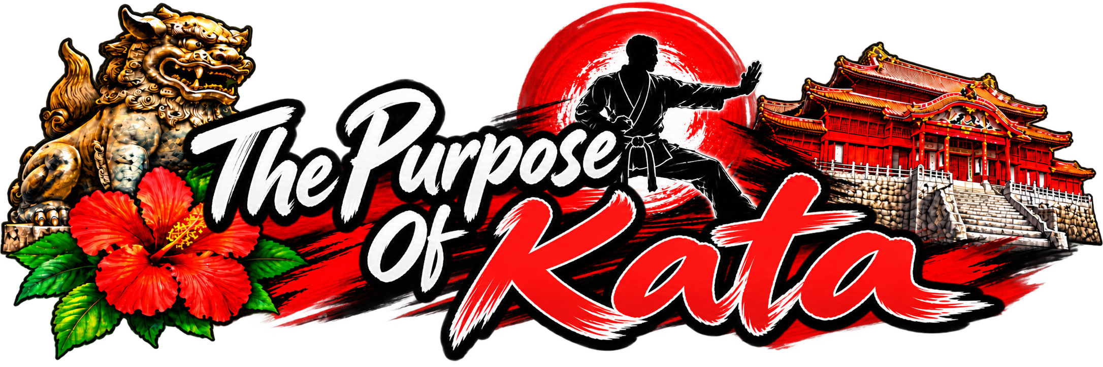 A graphic with a fierce lion statue, red hibiscus flowers, a silhouette of a martial artist in a pose with a red sun behind, and a traditional Japanese building, with the text 'The Purpose of Karate' in bold stylized letters.