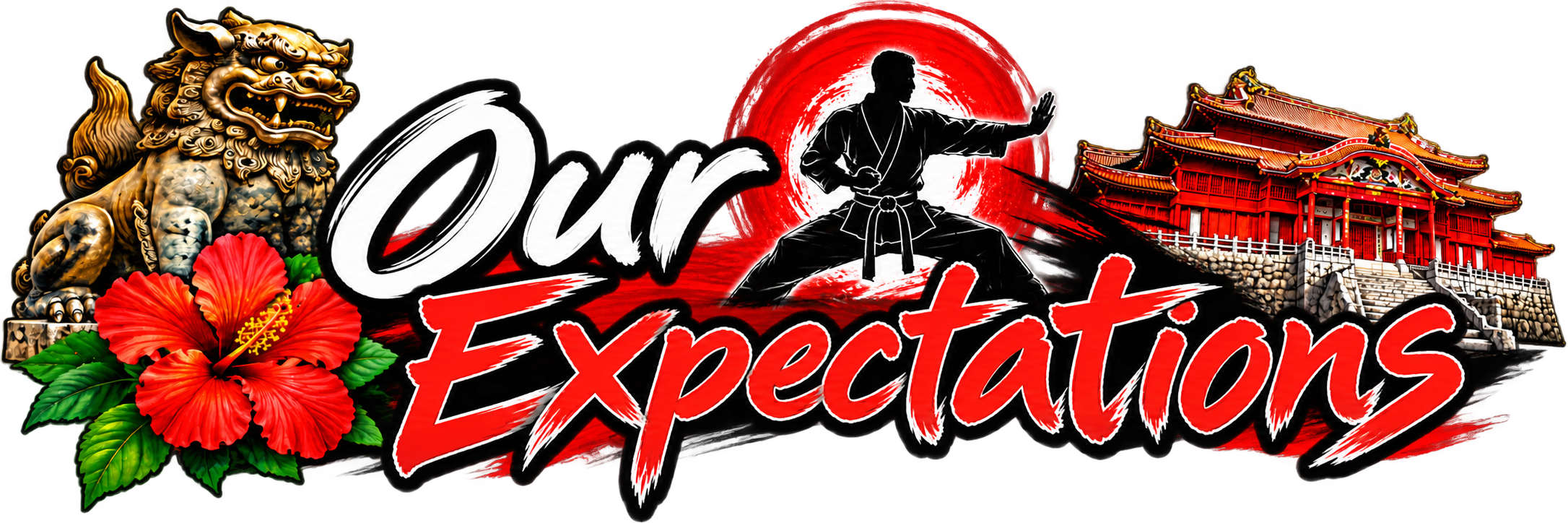 A graphic design with the words 'Our Expectations' in stylized font. It features a golden Chinese guardian lion statue, a red hibiscus flower, a martial artist in a pose, and a traditional red Japanese temple, all set against a vivid red and yellow background.