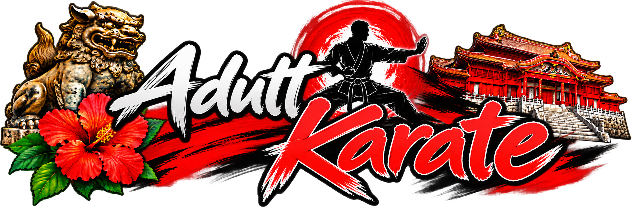 A vibrant graphic logo for 'Adult Karate' featuring a traditional Japanese temple, a martial artist in a karate stance with a red sun behind, a golden guardian lion statue, and red hibiscus flowers.