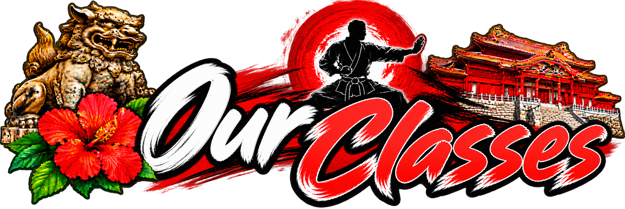 Logo with a lion statue, red hibiscus flower, martial arts figure, traditional Japanese building, and the words 'Our Classes' in bold stylized text.
