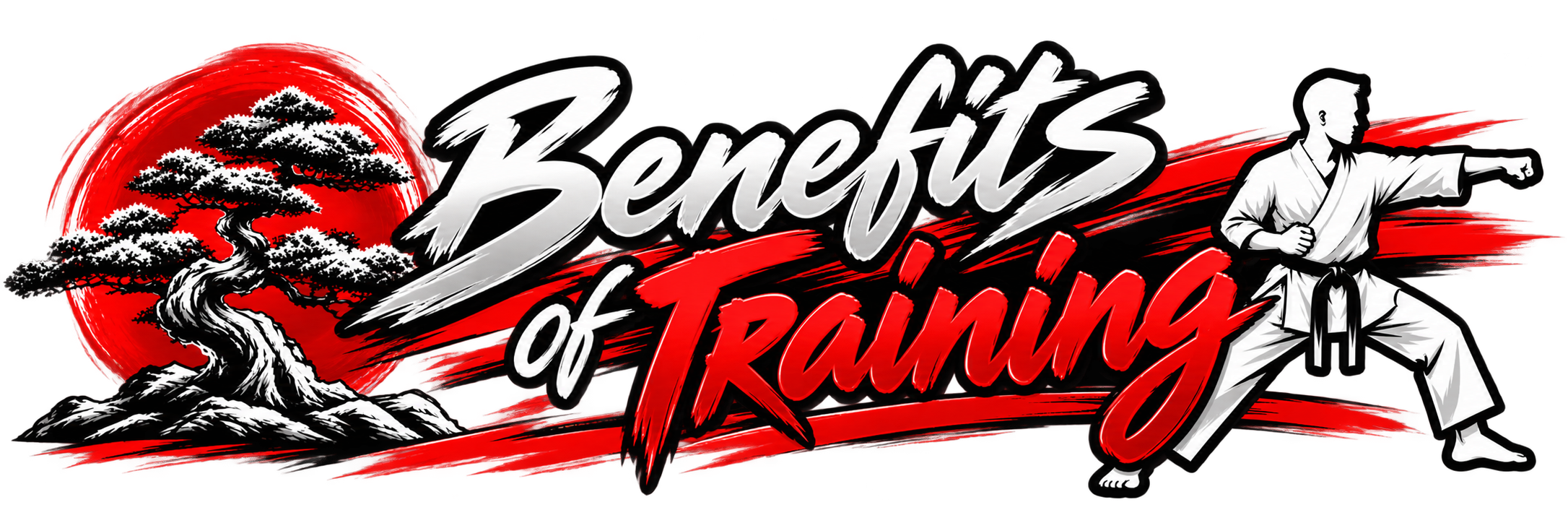 Stylized graphic with a dojo master in a martial arts stance, holding a black belt, and Japanese-style red and black background featuring a bonsai tree, with the text 'Benefits of Training' in bold, edgy font.