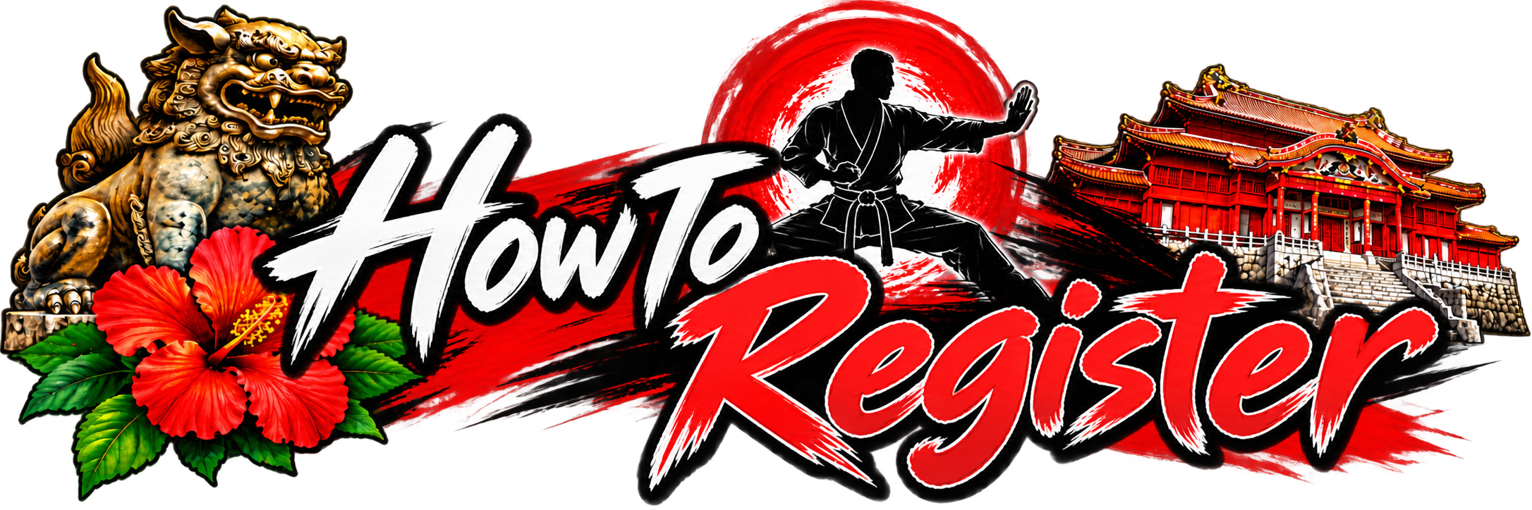 Logo for Howie Reister with Japanese cultural elements including a traditional temple, a martial artist in a fighting stance, a lion statue, hibiscus flowers, and a red sun background.