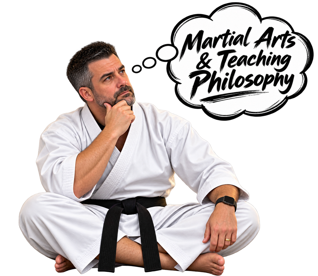 A man in a white karate gi and black belt sitting cross-legged with a thoughtful expression, with a speech bubble that says "Martial Arts & Teaching Philosophy".