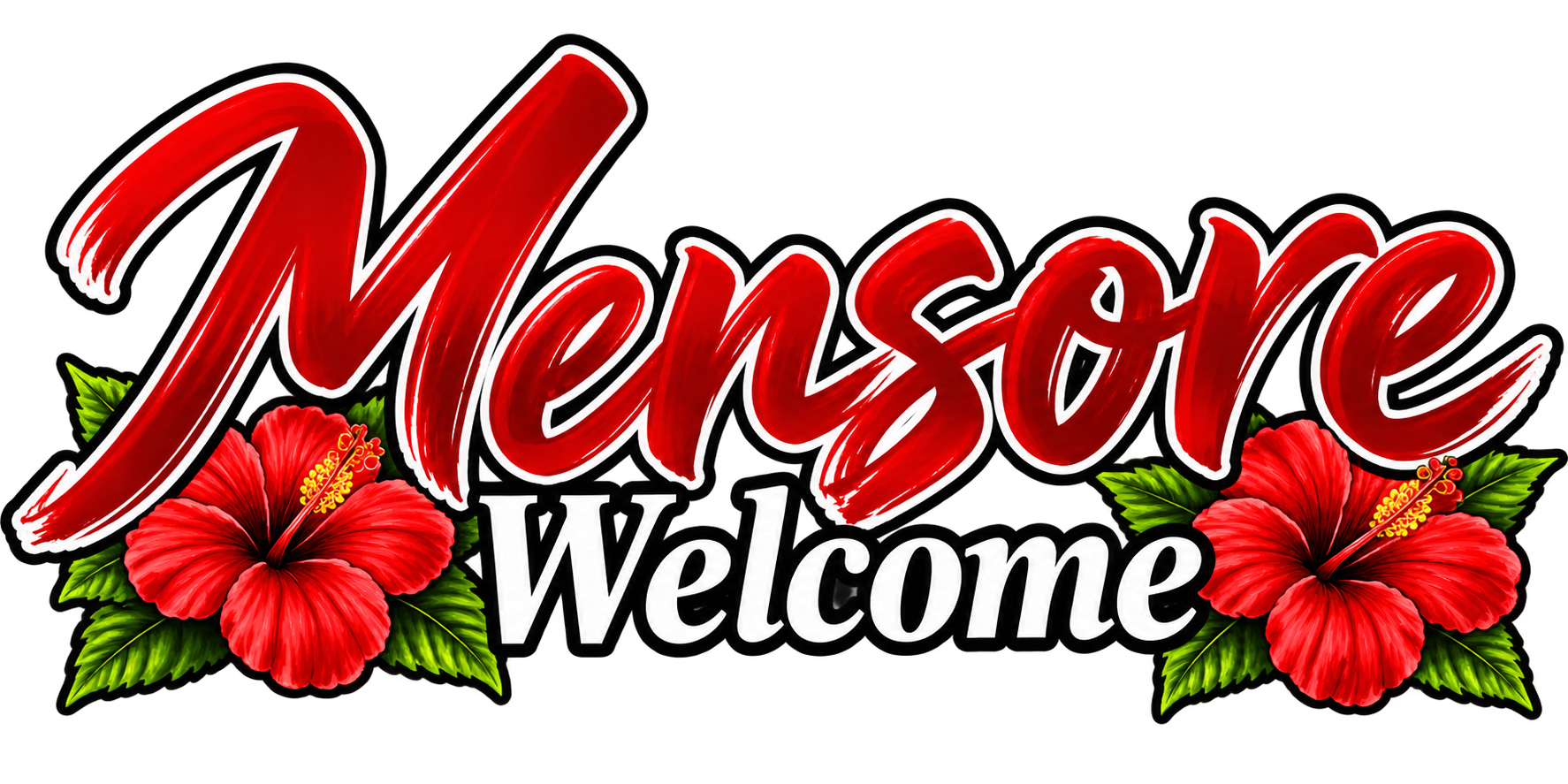 Decorative sign saying 'Aloha' and 'Welcome' with red hibiscus flowers and green leaves.