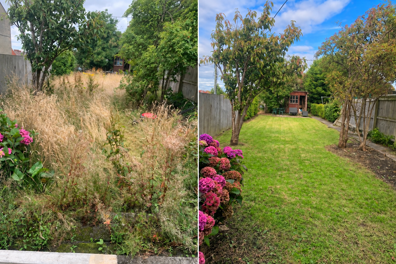 Side-by-side comparison of two backyard images showing transformation from overgrown to well-maintained. The left image depicts a yard with tall, dry grass, weeds, and overgrown plants with a fence in the background. The right image shows the same ya