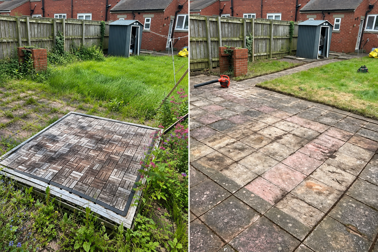 Side-by-side photos of a backyard before and after patio cleaning. The left image shows a backyard with a grass patch, overgrown grass, weeds, and a wooden deck. The right image shows the same backyard with the grass trimmed, weeds removed, and the p