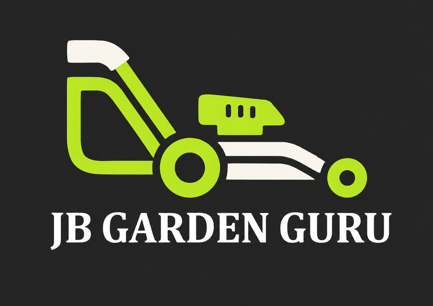 Logo for JB Garden Guru featuring a stylized lawnmower icon in green, black, and white, with the company name in white text below.