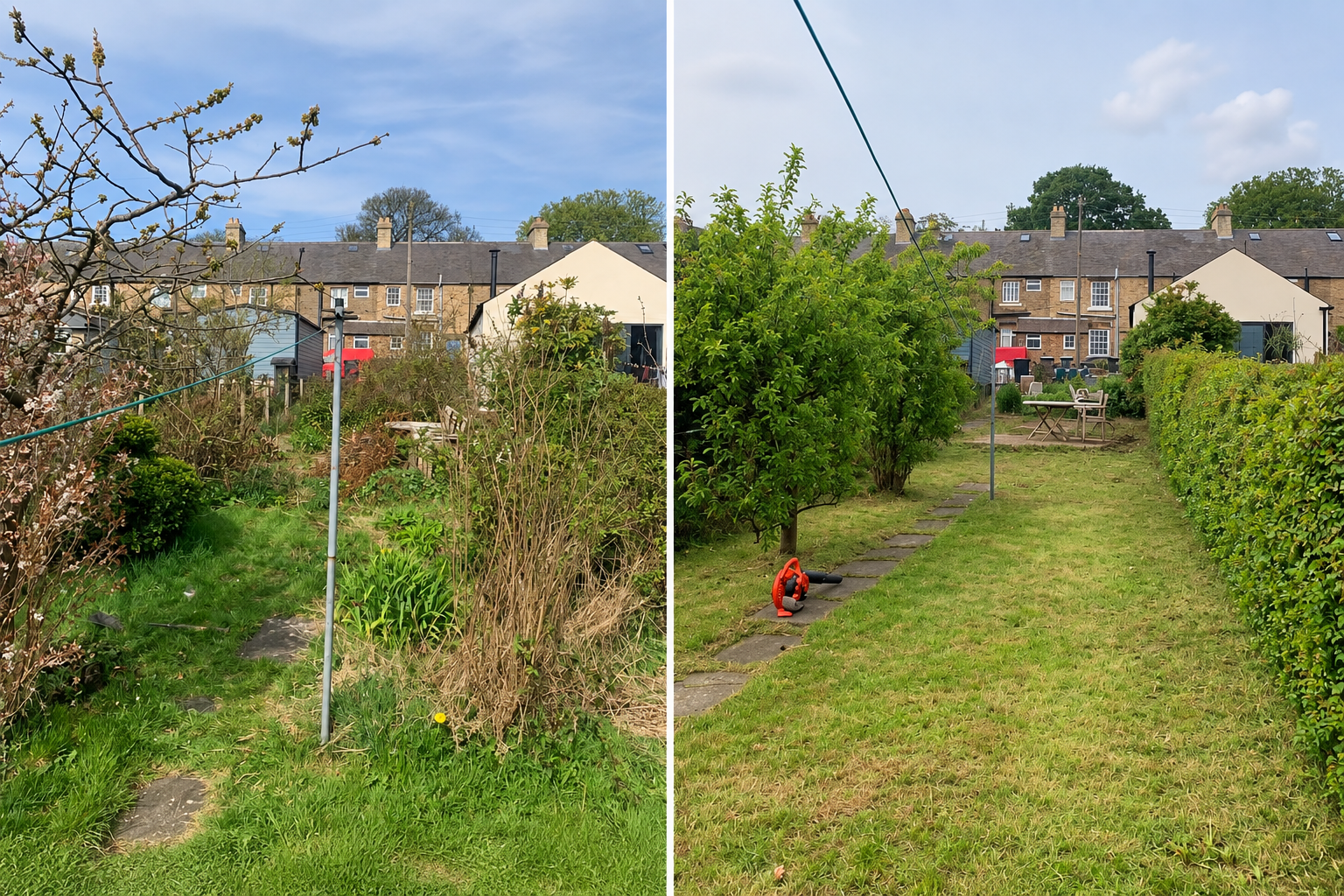 Side-by-side comparison of a garden before and after maintenance. Left side: overgrown garden with weeds, tall bushes, and unkempt grass, with a clothesline and garden path. Right side: neatly trimmed lawn, pruned bushes, and tidy outdoor furniture, 