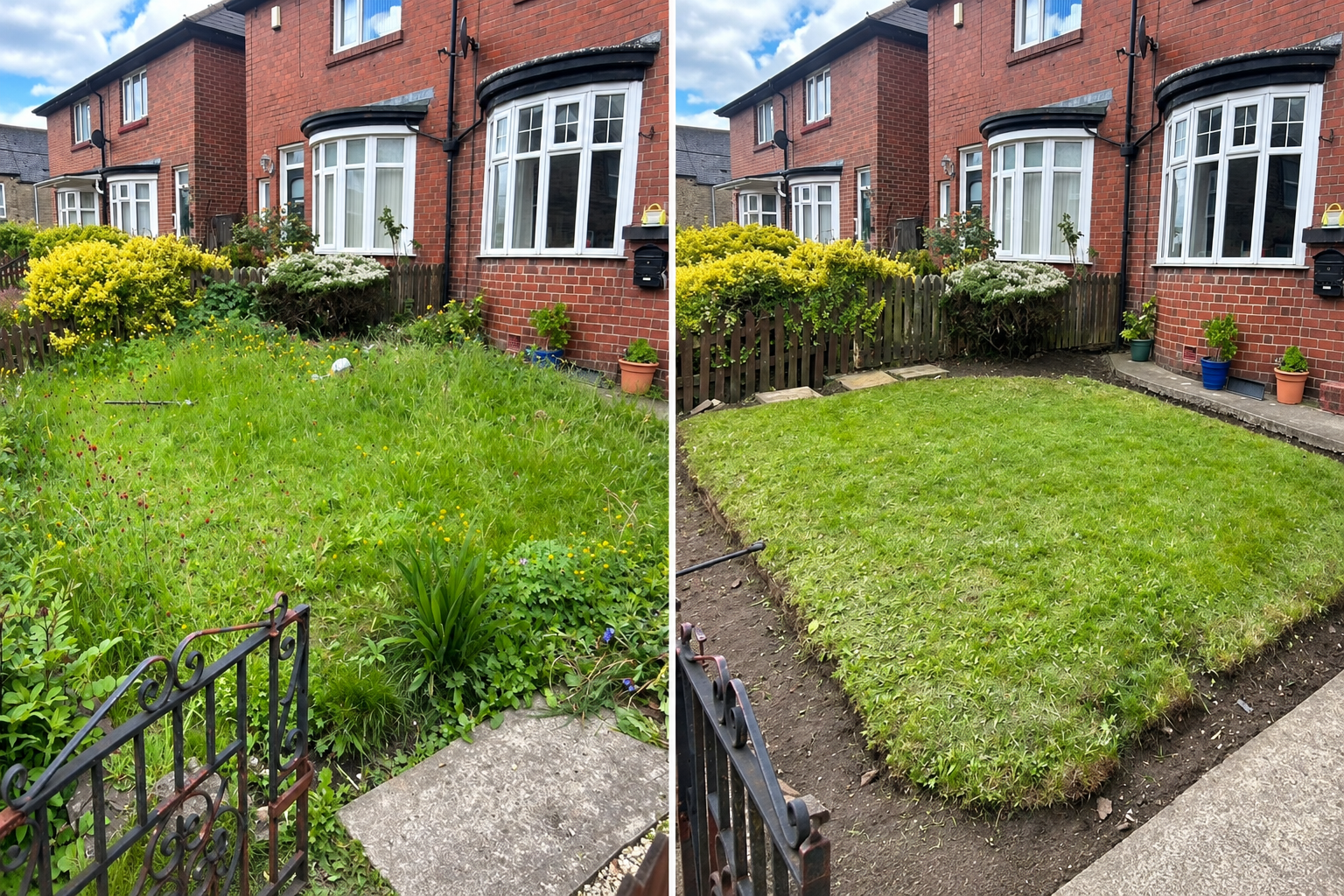 Side-by-side comparison of a backyard before and after lawn renovation. The left shows overgrown grass and weeds, the right shows a neatly mowed, freshly laid lawn.