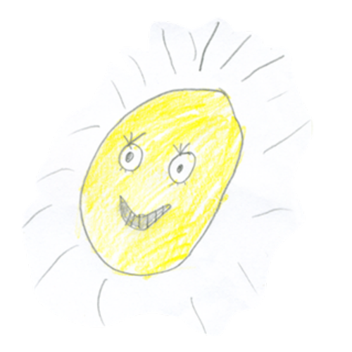 Handgemaltes Bild eines lachenden Sonnenbesens mit Gesicht, schwarzen Augen, Wimpern und grauem Mund, auf weißem Hintergrund.