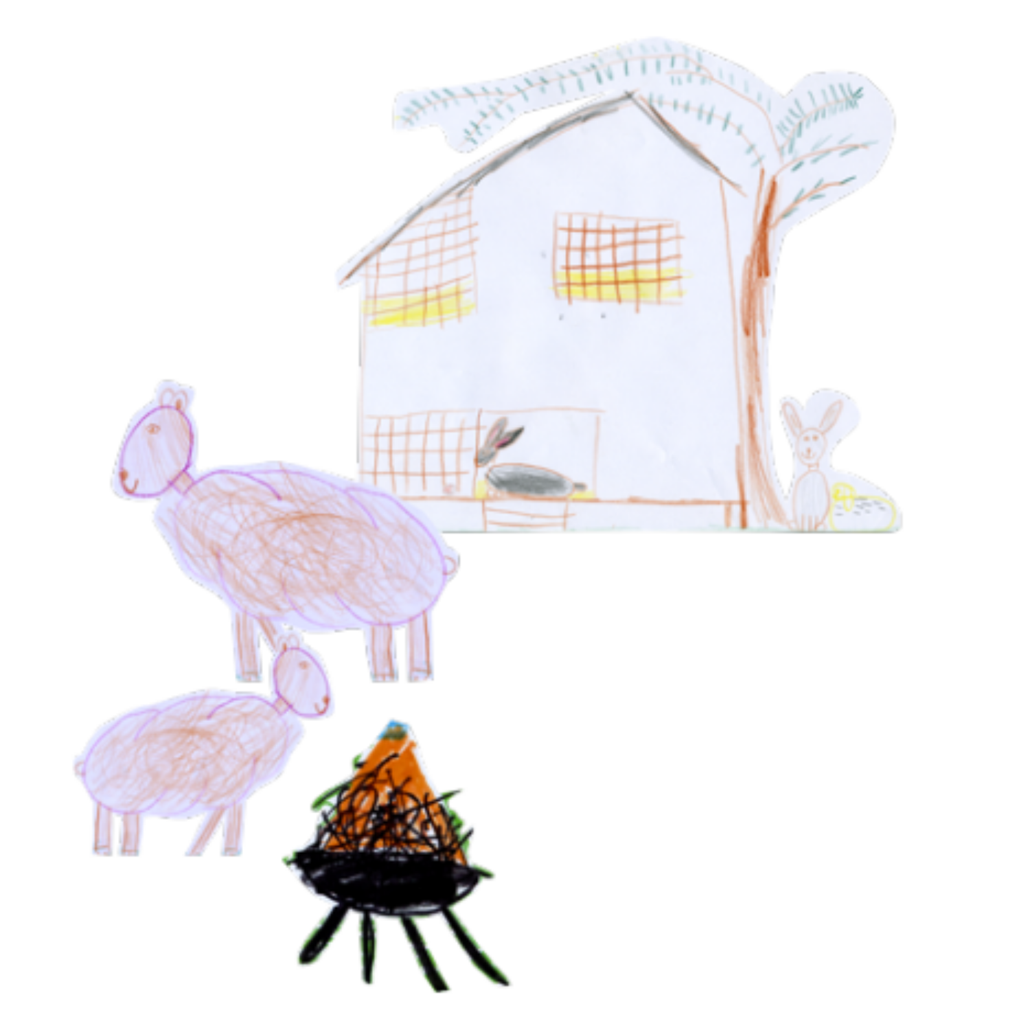 Kinderzeichnung eines Hauses mit Bäumen, Tieren wie einer Hasenfamilie, einem Lagerfeuer und einer kleinen Figur