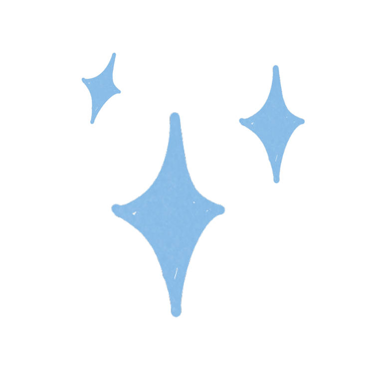 Illustration von drei blauen, glitzernden Sternen unterschiedlicher Größe, die an einer weißen Hintergrundstelle angebracht sind.