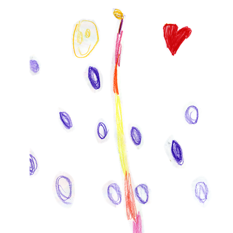 Handgemaltes Bild mit einem roten Herz, einem gelben Hintergrund, einem grauen Block, einem roten und einem grünen Block, sowie Blasen oder Kreise in lila und gelb.