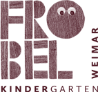 Logo für den Kindergarten Frobel in Weimar, bestehend aus großen, rosa Buchstaben und einem lachenden roten Kreis mit Augen