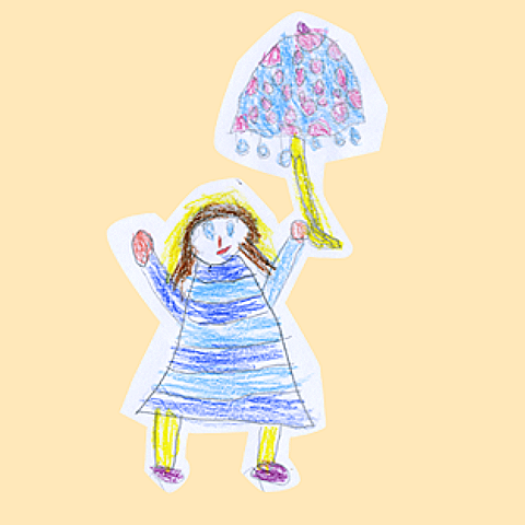 Ein kleines Kind in einem blauen Kleid mit braunen Haaren, das einen bunten Regenschirm hält.