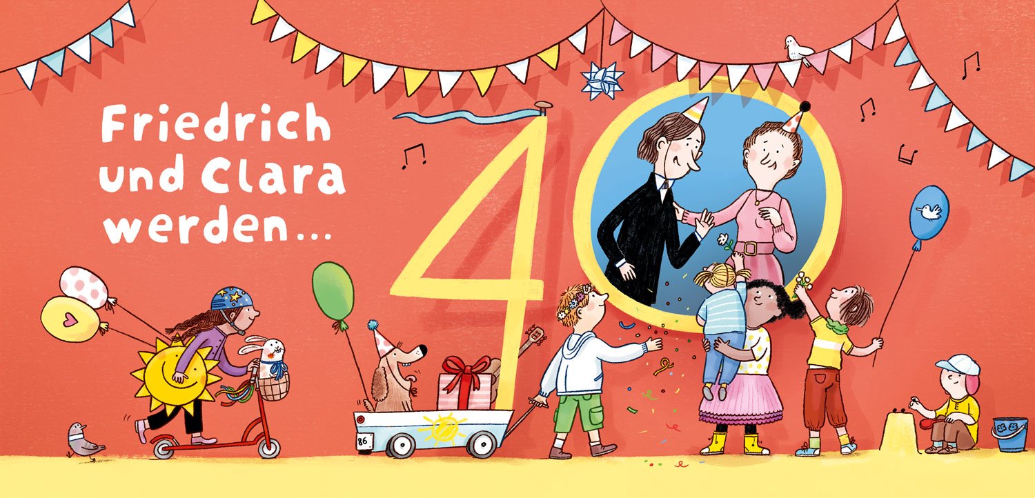 Kinder feiern einen Geburtstag mit bunten Bannern, Ballons, Geschenken und einer Torte. Es gibt eine Geburtstagskuchen, Luftballons, einen Hund mit Party-Hut sowie Kinder, die Sonnenbrillen und Partyhüte tragen, während sie die Geburtstagsparty genießen.