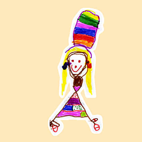 Ein kindliches, buntes Drawings von einer lachenden Person mit buntem Haar und einem Regenbogen-Hut.