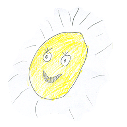 Handgezeichnetes Kindergesicht auf einer Blume, lachend, mit gelbem Zentrum und weißen Blütenblättern.