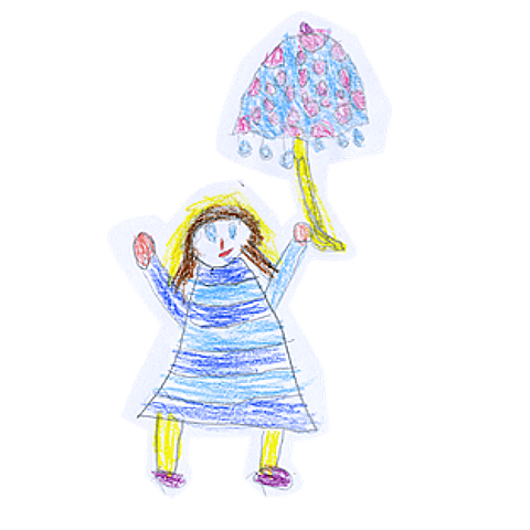 Kind zeichnet ein Mädchen mit blauer Kleidung, das einen bunten Regenschirm hält.