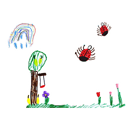 Kindliches Zeichnen mit einem Regenbogen, einem Baum mit Blume, einem Grashügel und zwei Käfern in der Luft.