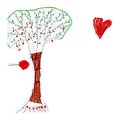 Zeichnung eines Baumes mit grünem Blätterdach und braunem Stamm, sowie zwei rote Herzen, eines oben rechts und eines an der Seite des Baumes.