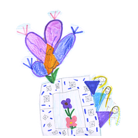 Kinderschildkrte mit bunten Ballons, Blumen, und 3 lachende Figuren, auf einer weißen Oberfläche
