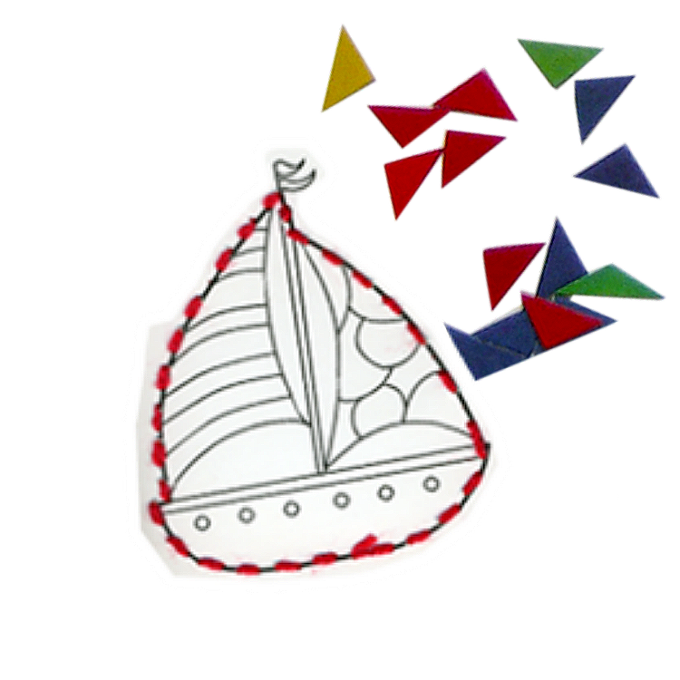 Zeichnung eines Schiffes mit farbigen Dreiecken, die um das Schiff herum schweben.