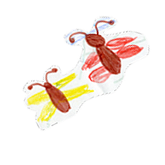 Zwei bunte, handgemalte Fliegen, eine rot-weiß und die andere gelb-rot, auf einem transparenten Hintergrund.