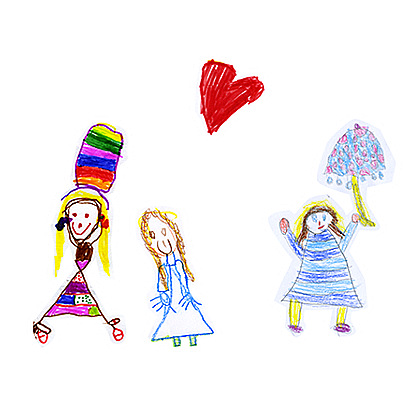 Drei Kinderzeichnungen, eine mit buntem Haar, eine mit blaurem Dress, eine mit blauen Streifen, und ein rotes Herz darüber.