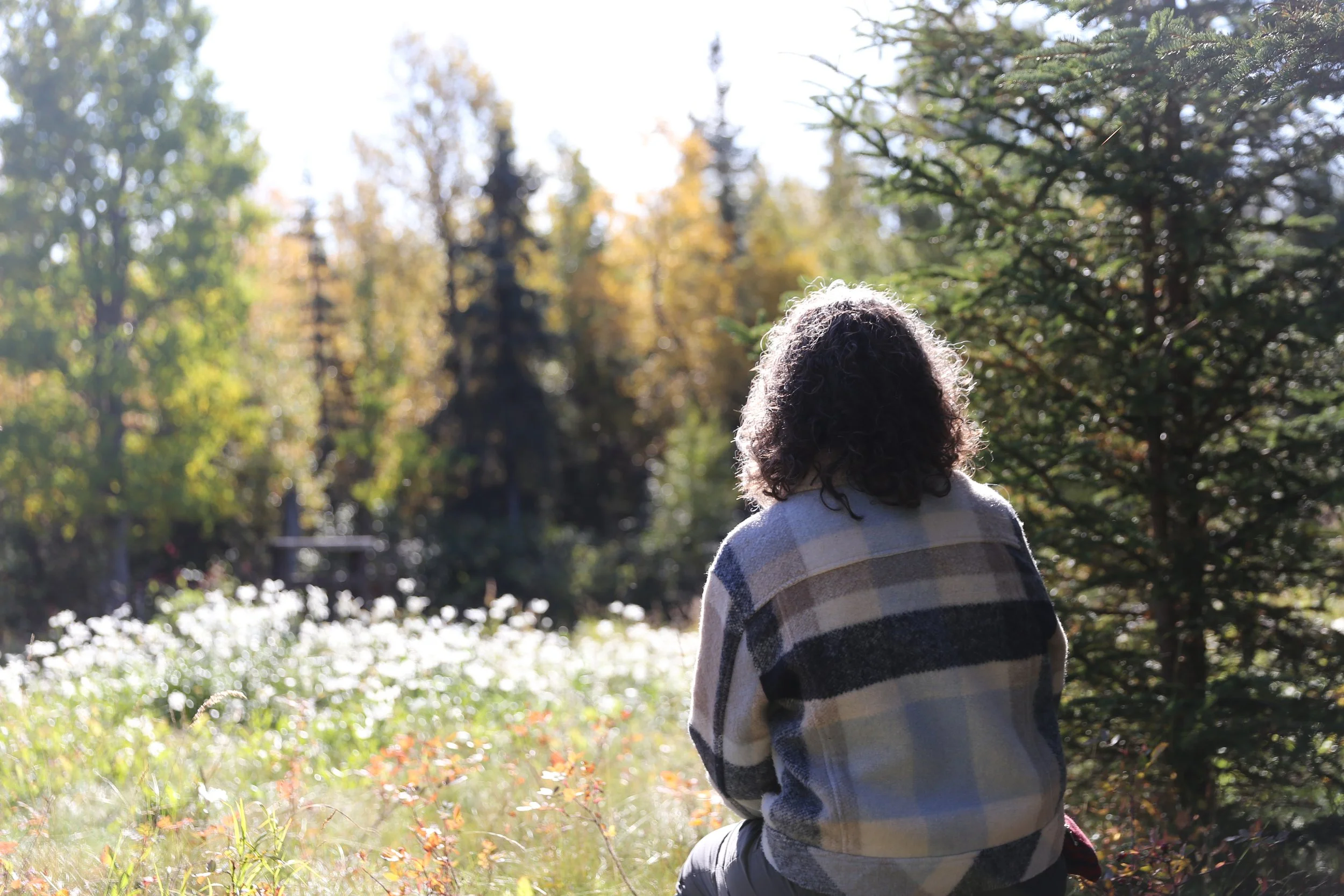 A person with curly hair wearing a checkered sweater sitting outdoors in a park surrounded by trees and daylight.