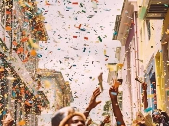 People celebrating with confetti falling in the street surrounded by colorful buildings.
