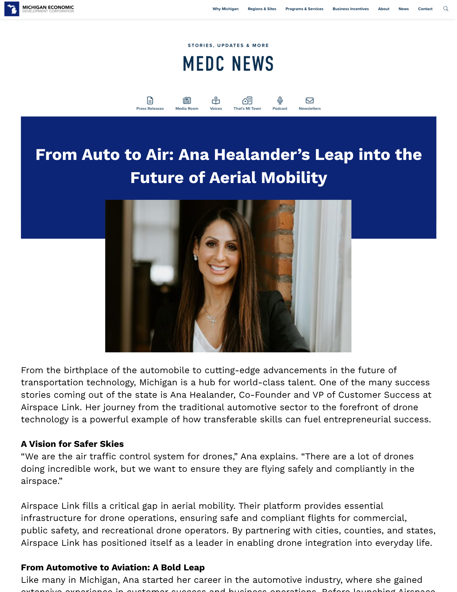 Screenshot of the Michigan Economic Development Corporation (MEDC) news webpage featuring an article about Ana Healander's leap into aerial mobility, with a photo of Ana Heandler smiling in front of a brick wall.