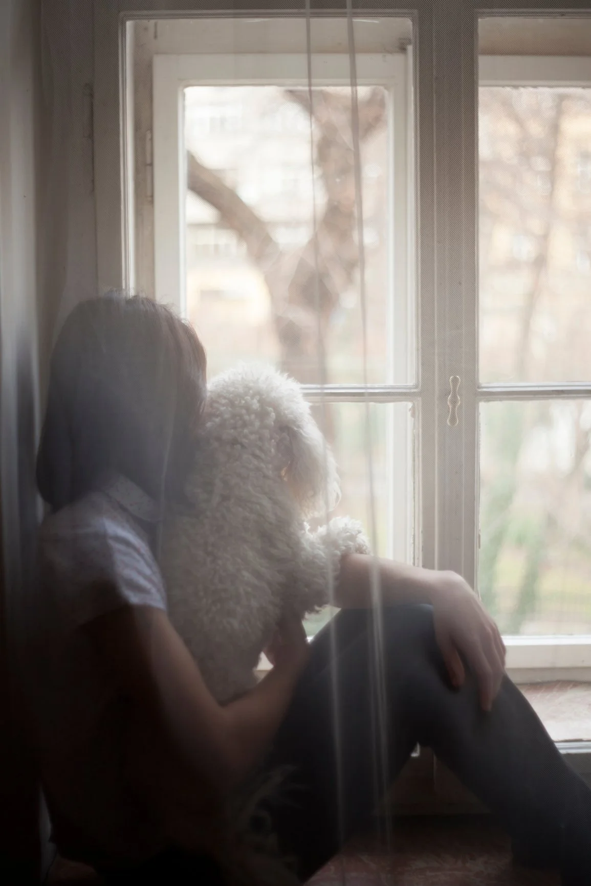 Girl and her dog looking out through a window together