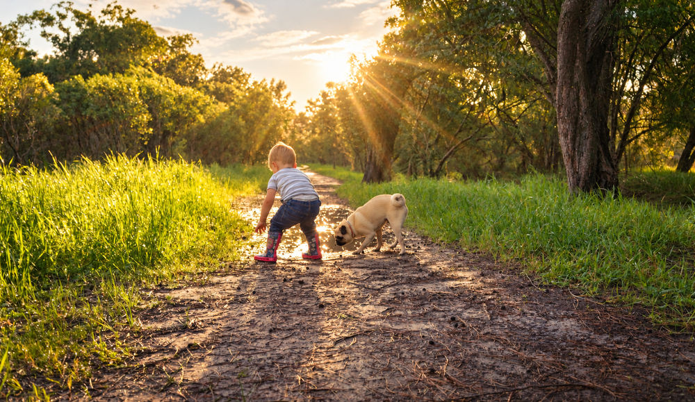 Flynn and Morgan enjoying a walk together on a sunlit path