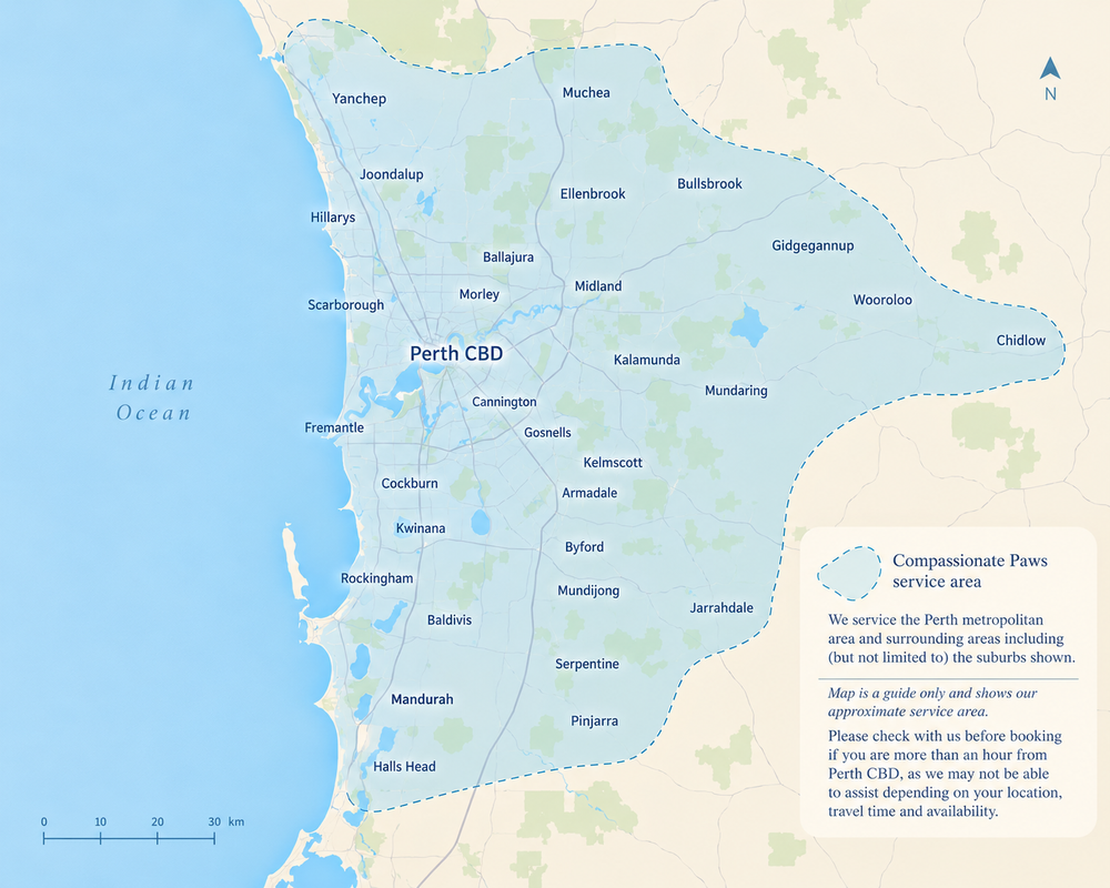 Illustrated map showing the approximate Compassionate Paws service area across Perth metropolitan suburbs and surrounding locations