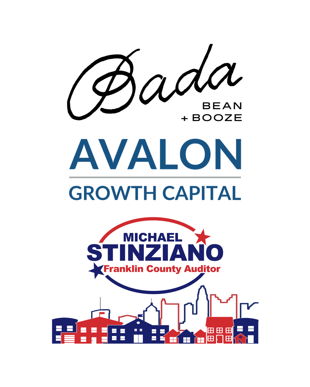 Graphic featuring logos for Dada Bean + Booze, Avalon Growth Capital, and Michael Stinziano for Franklin County Auditor, with a red-and-blue city skyline illustration.
