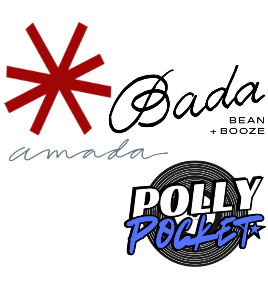 Collage of restaurant and music logos, including red starburst, Bada Bean + Booze, Amada, and Polly Pocket.