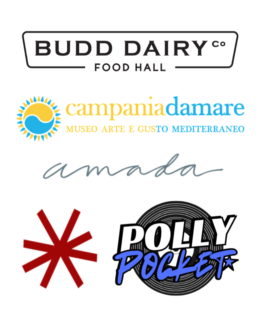 Collage of food hall logos: Budd Dairy Co. Food Hall, Campania d’Amare Museo Arte e Gusto Mediterraneo, Amada, a red asterisk, and Polly Pocket.
